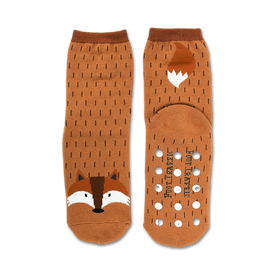 fox non-skid slipper socks in brown, white, and black. crew length women's socks inspired by the sly fox.   
