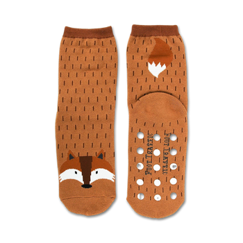fox non-skid slipper socks in brown, white, and black. crew length women's socks inspired by the sly fox.   