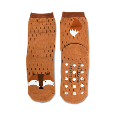 fox non-skid slipper socks in brown, white, and black. crew length women's socks inspired by the sly fox.   