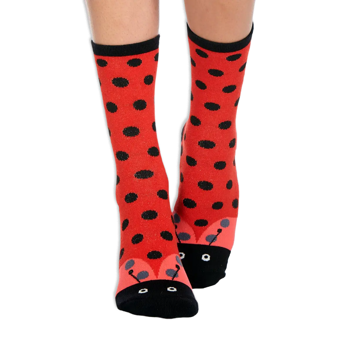 Red crew socks with black polka dots, a black cuff, and a ladybug face with eyes and antennas designed on the toe.