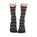 A pair of gray and black striped crew socks with cute black cat faces at the toes. Non-skid bottom.