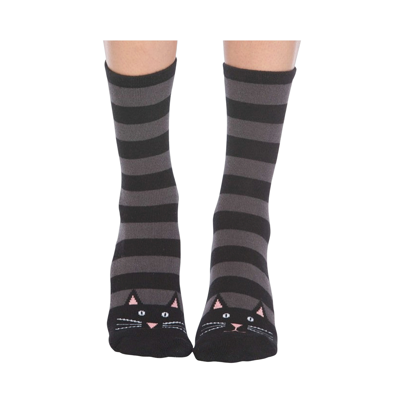 A pair of gray and black striped crew socks with cute black cat faces at the toes. Non-skid bottom.