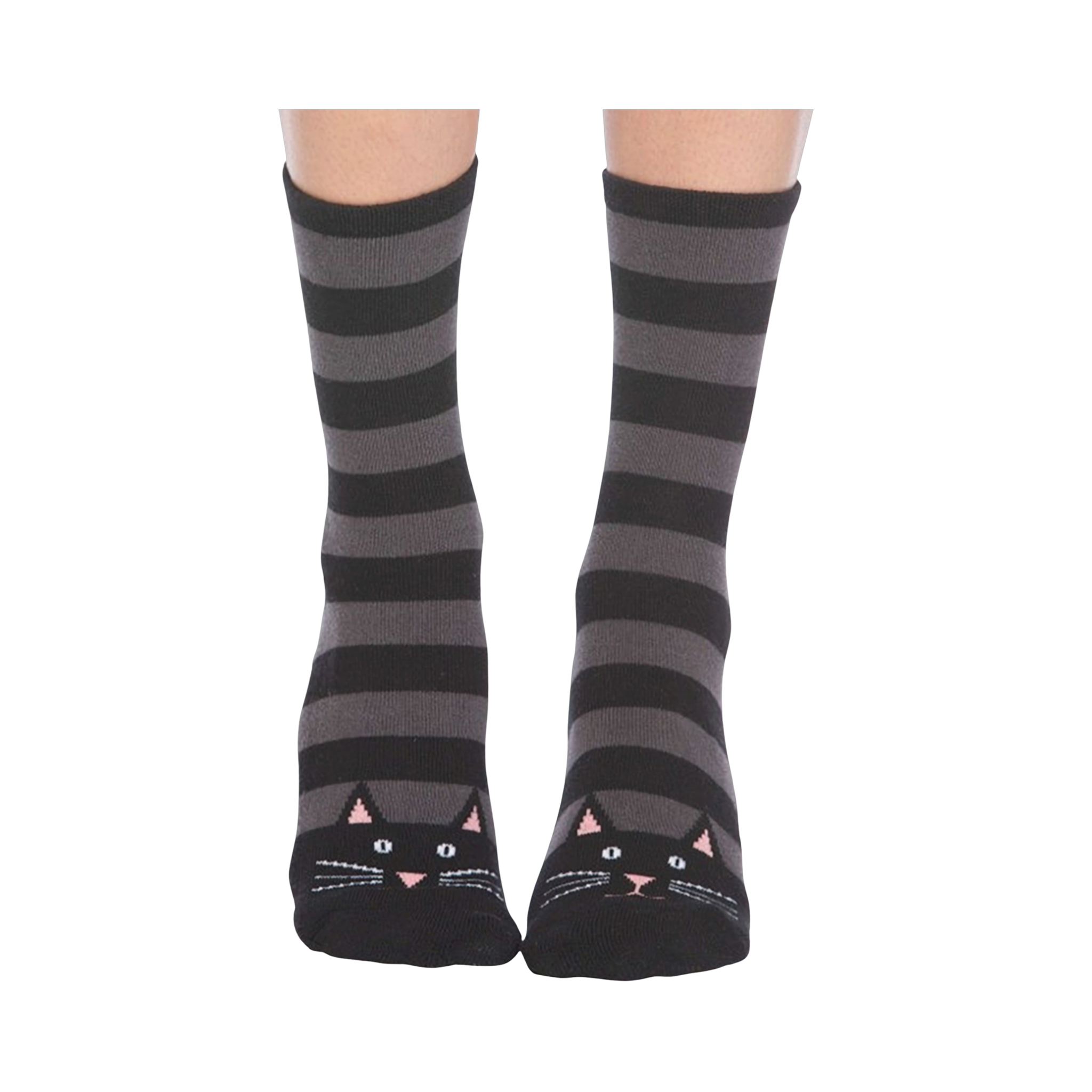 A pair of gray and black striped crew socks with cute black cat faces at the toes. Non-skid bottom.