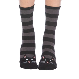  black & gray striped non-skid slipper socks with cat faces at toes. crew length. for women, cat themed.   