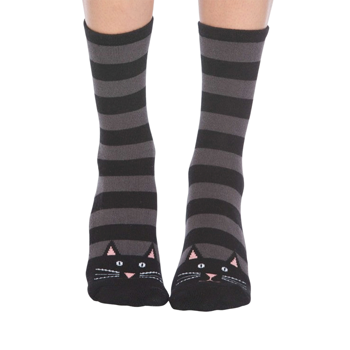  black & gray striped non-skid slipper socks with cat faces at toes. crew length. for women, cat themed.    }}
