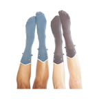 Pair of Shark Bite 3D socks, one grey and one blue, on crossed legs.