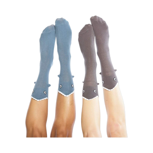 Pair of Shark Bite 3D socks, one grey and one blue, on crossed legs.