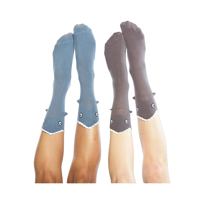 Pair of Shark Bite 3D socks, one grey and one blue, on crossed legs.