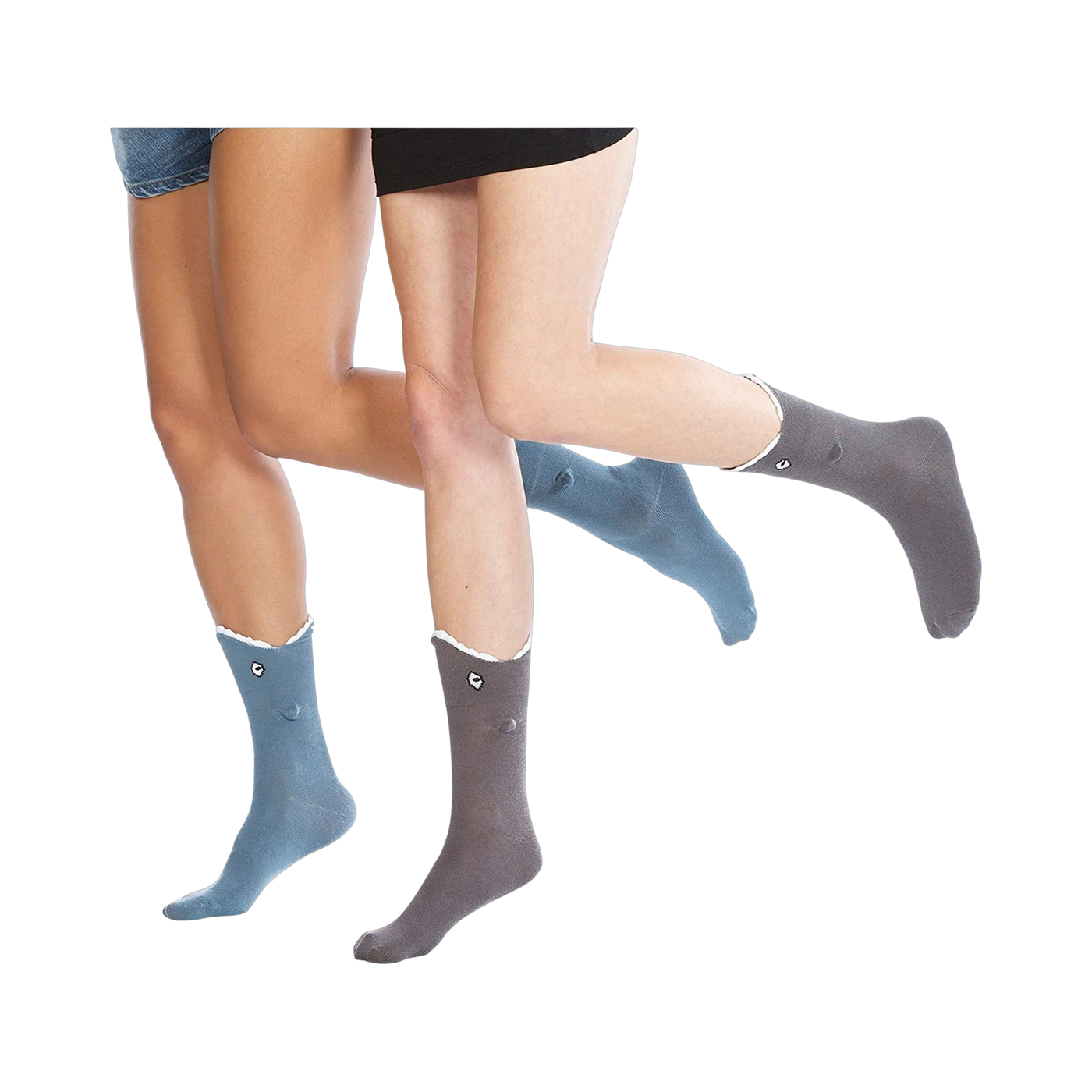 Two models wearing Shark Bite 3D socks in blue and grey.