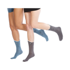 Two models wearing Shark Bite 3D socks in blue and grey.