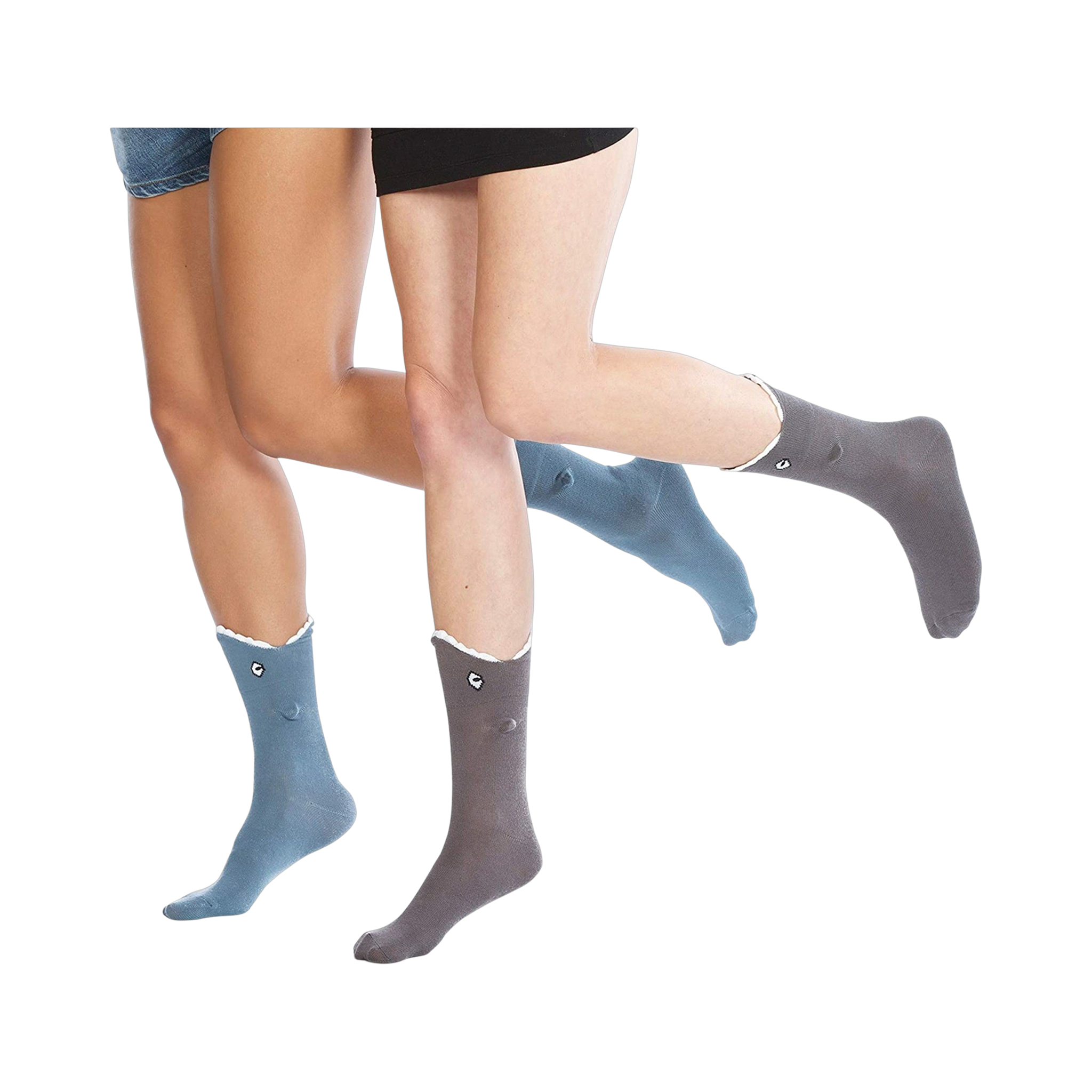 Two models wearing Shark Bite 3D socks in blue and grey.