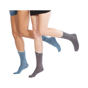 Two models wearing Shark Bite 3D socks in blue and grey.