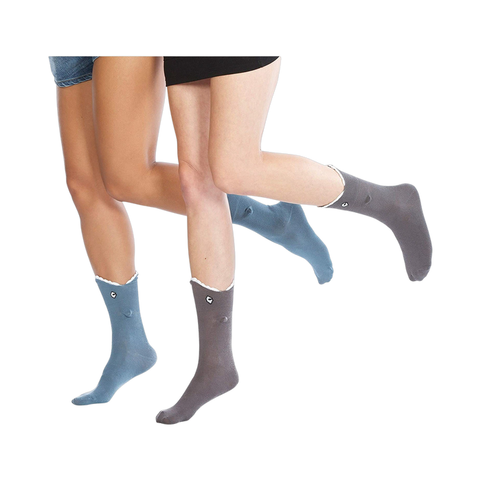 Two models wearing Shark Bite 3D socks in blue and grey.