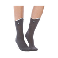 Grey crew socks with a white shark-bite cuff and embroidered shark eye detail. 