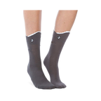 Grey crew socks with a white shark-bite cuff and embroidered shark eye detail. 