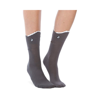 Grey crew socks with a white shark-bite cuff and embroidered shark eye detail. 