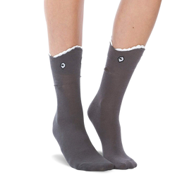 womens gray crew novelty socks with white scalloped pattern, 3d shark mouth with light gray background, and dark gray teeth.  