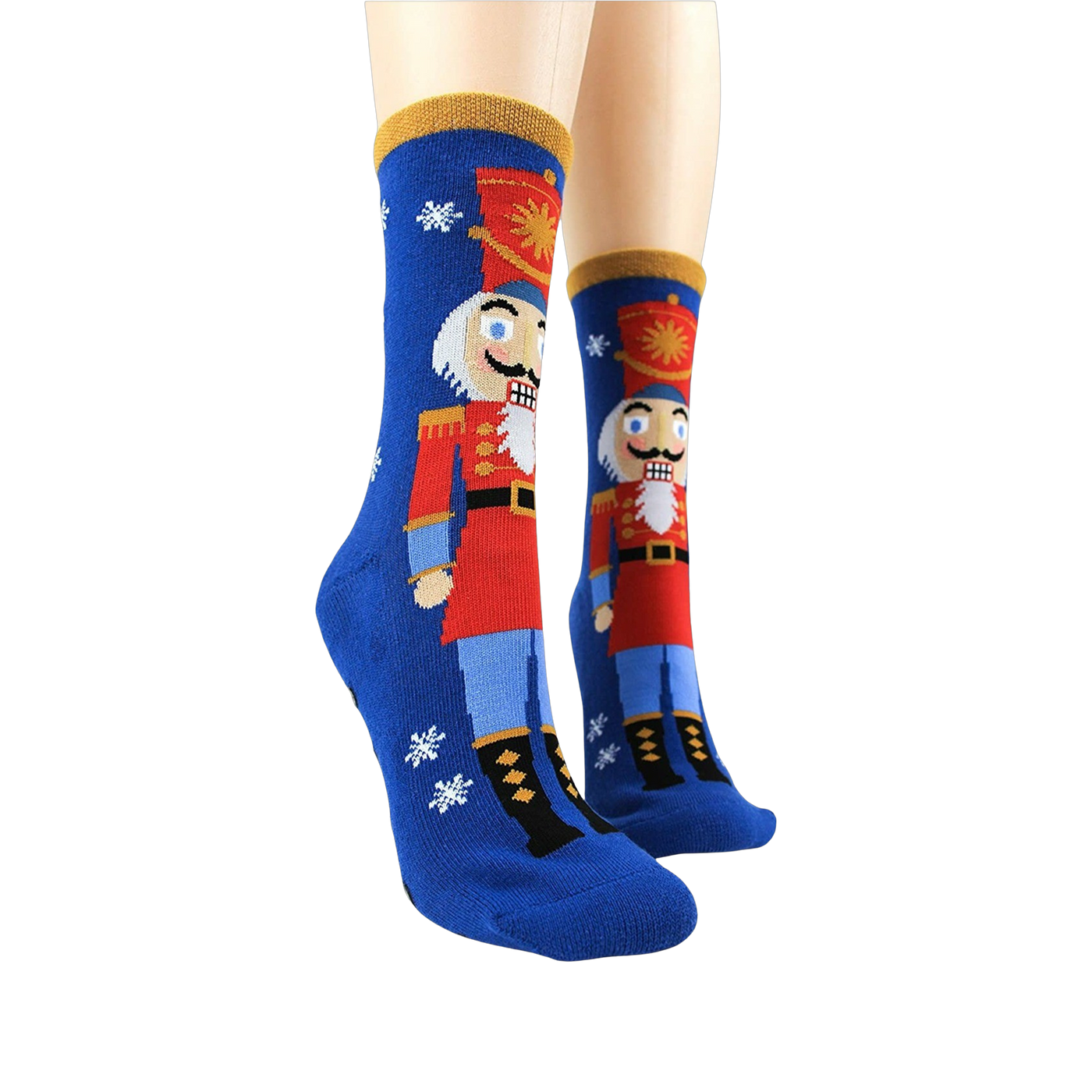 Lifestyle shot showing the Nutcracker slipper socks on a model's feet.