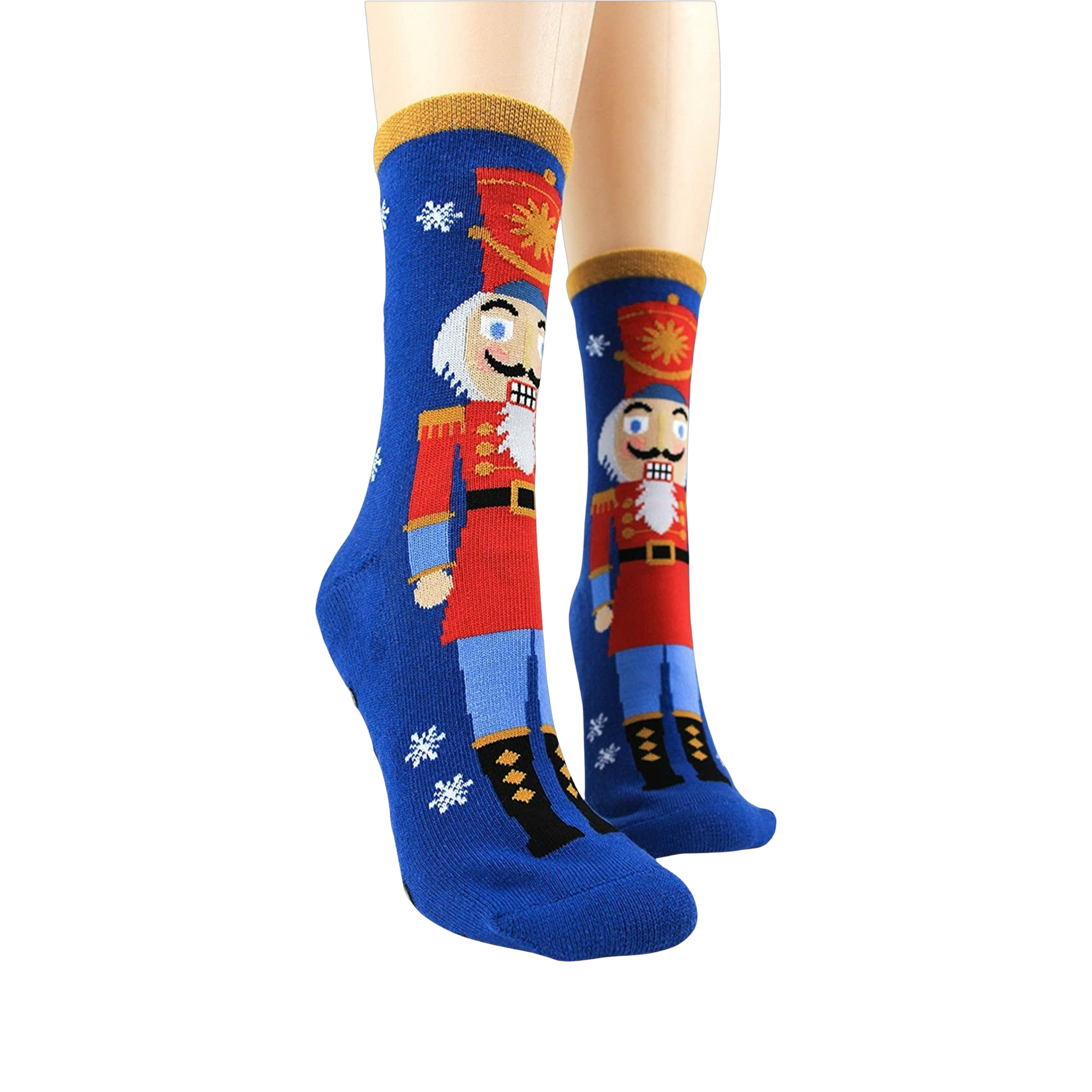 Lifestyle shot showing the Nutcracker slipper socks on a model's feet.