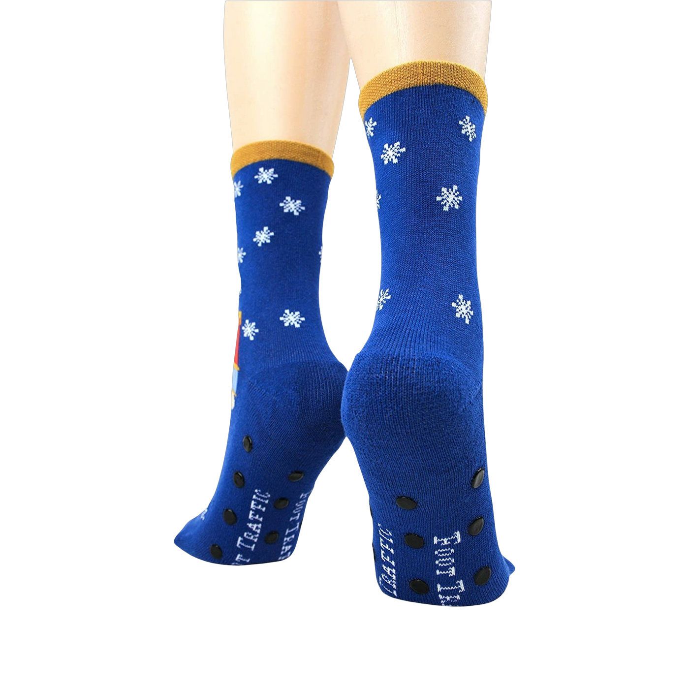 Another view of the socks worn by a model, emphasizing the fit and design.