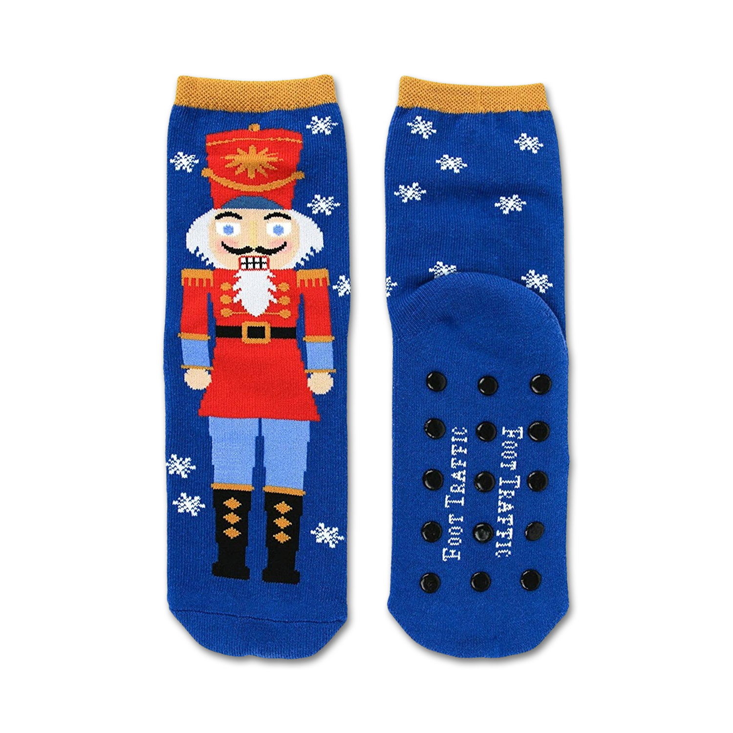 Blue crew socks featuring a Nutcracker design, snowflakes, and non-skid grips on the soles. Red, gold, and white accents.