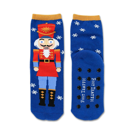   blue crew socks with nutcrackers, snowflakes, and stars pattern. non-skid sole. christmas theme.  
