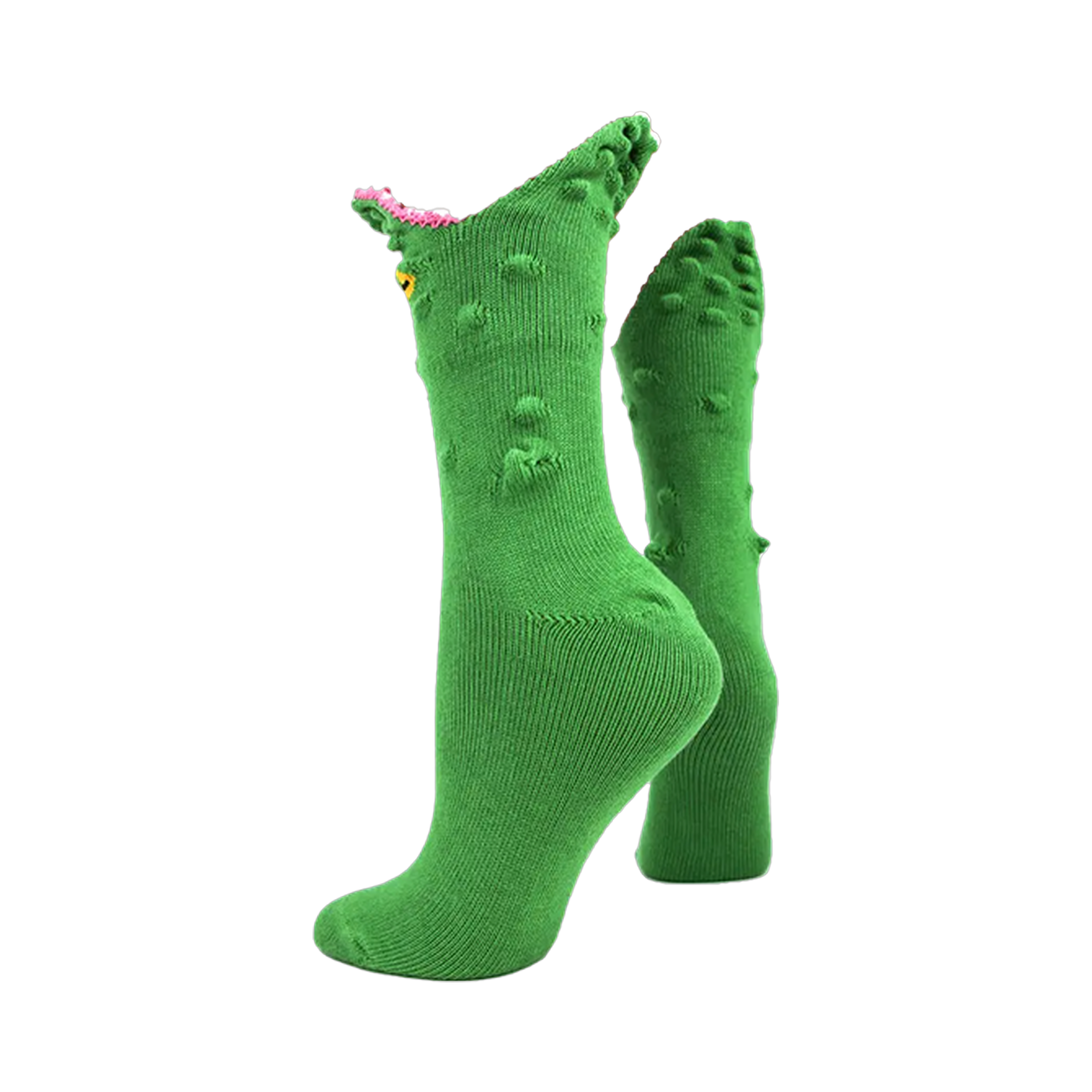 Green 3D alligator novelty socks with textured bumps, pink "teeth" cuff, and yellow eye detail. Playful crew socks.
