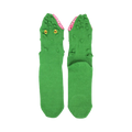 Green 3D alligator novelty socks with yellow eyes and pink mouth lining.