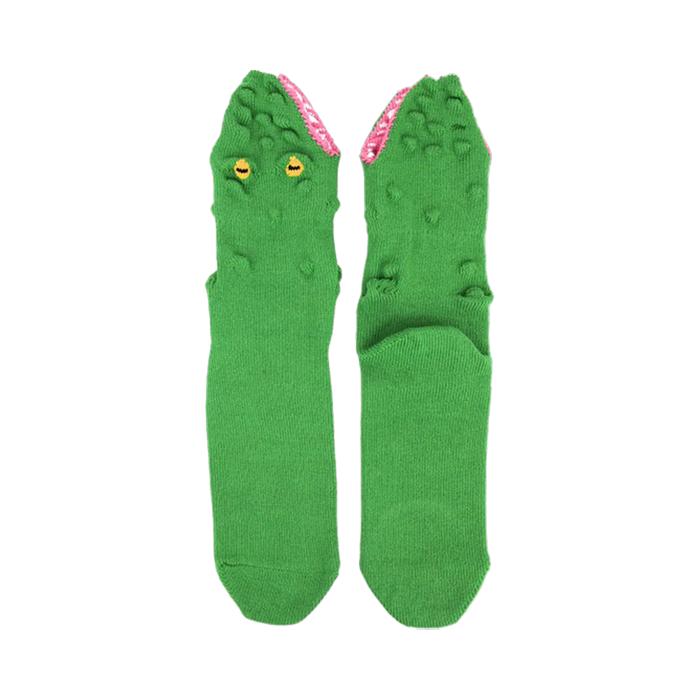Green 3D alligator novelty socks with yellow eyes and pink mouth lining.
