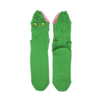 Green 3D alligator novelty socks with yellow eyes and pink mouth lining.