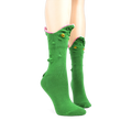 Green crew socks with a 3D alligator face design.  The alligator's mouth is playfully open, showing pink textured inside, yellow eyes are embroidered on.