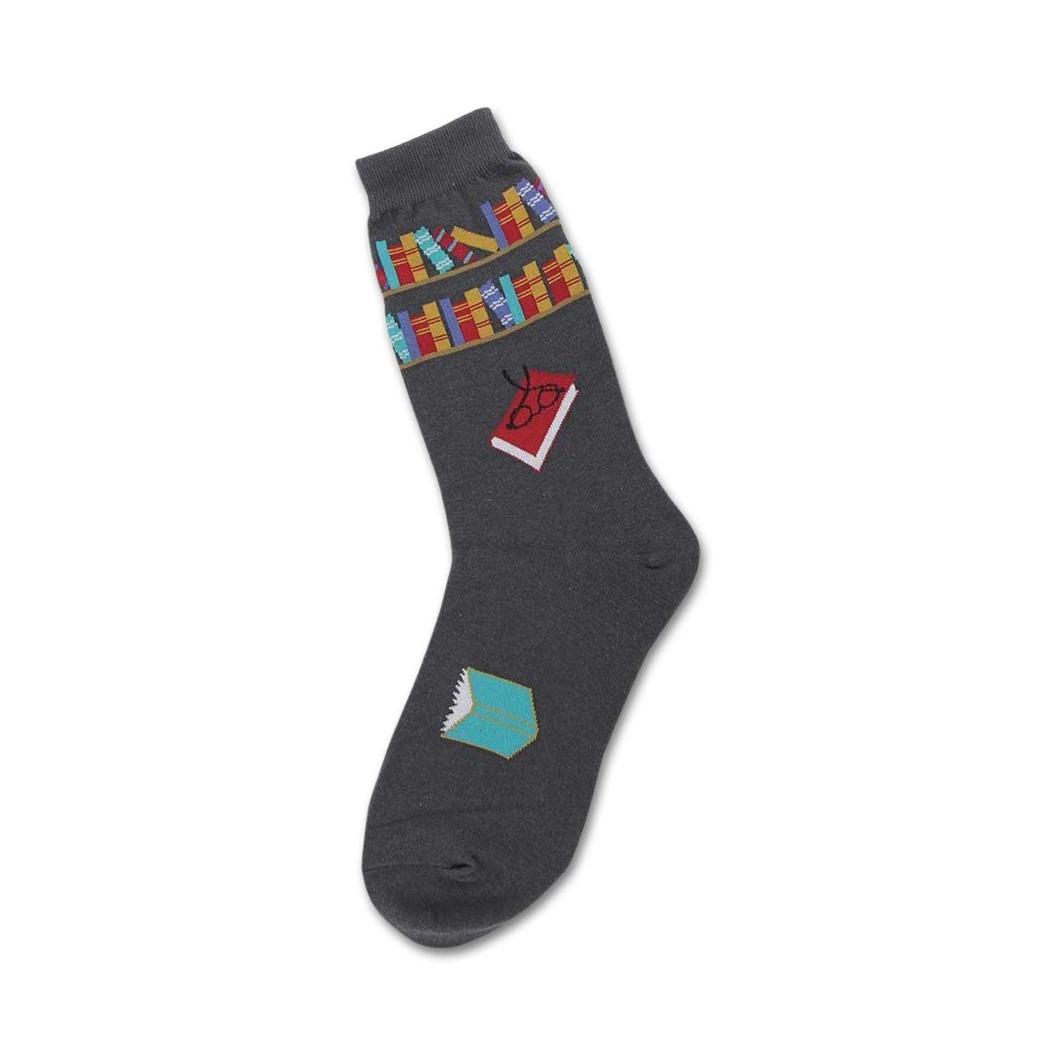 Close-up of gray crew socks with the same book-themed design as the cream socks.