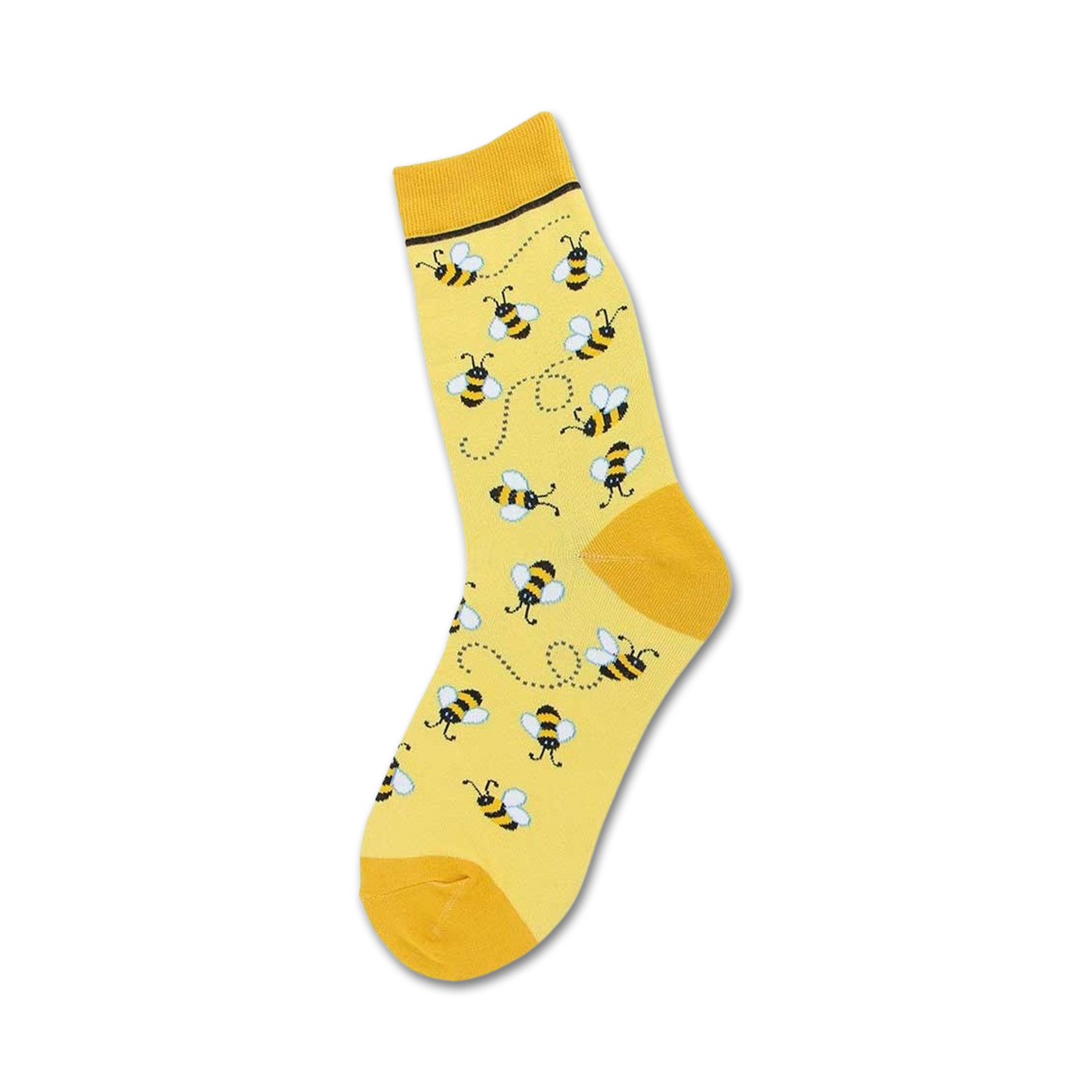 A crew sock in yellow featuring a pattern of small bumblebees with black stripes and white wings, flying along dotted lines.
