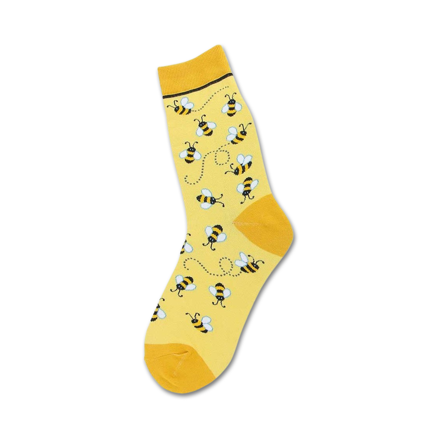 A crew sock in yellow featuring a pattern of small bumblebees with black stripes and white wings, flying along dotted lines.