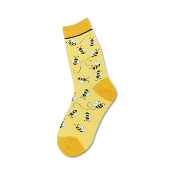 yellow crew socks with a pattern of black and yellow bumblebees with white wings for women.  