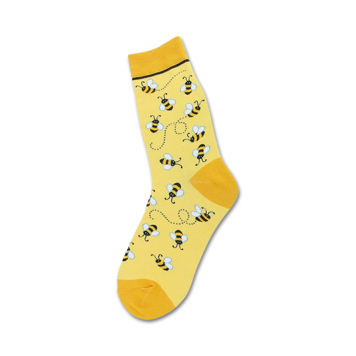 yellow crew socks with a pattern of black and yellow bumblebees with white wings for women.   }}