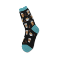 Crew socks with a black background, teal cuffs, and a design of coffee cups and beans.