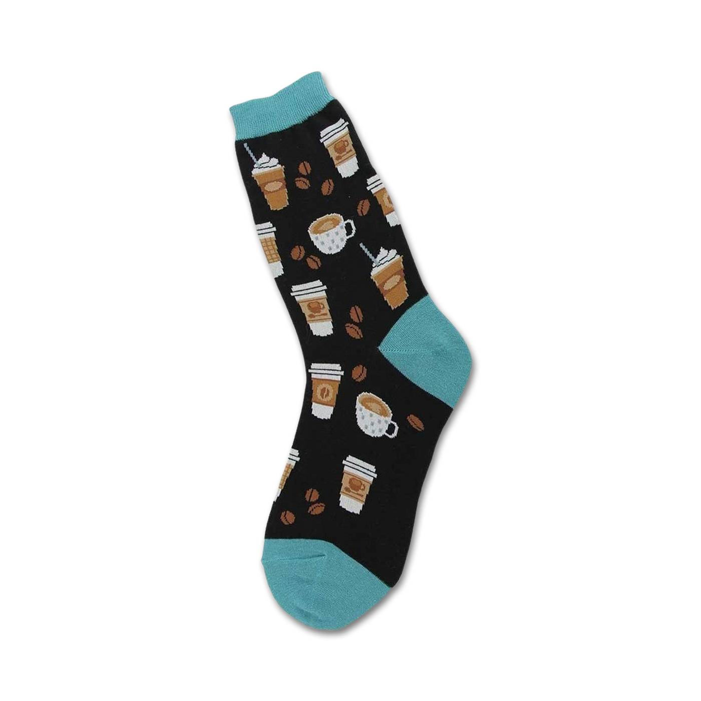 Crew socks with a black background, teal cuffs, and a design of coffee cups and beans.