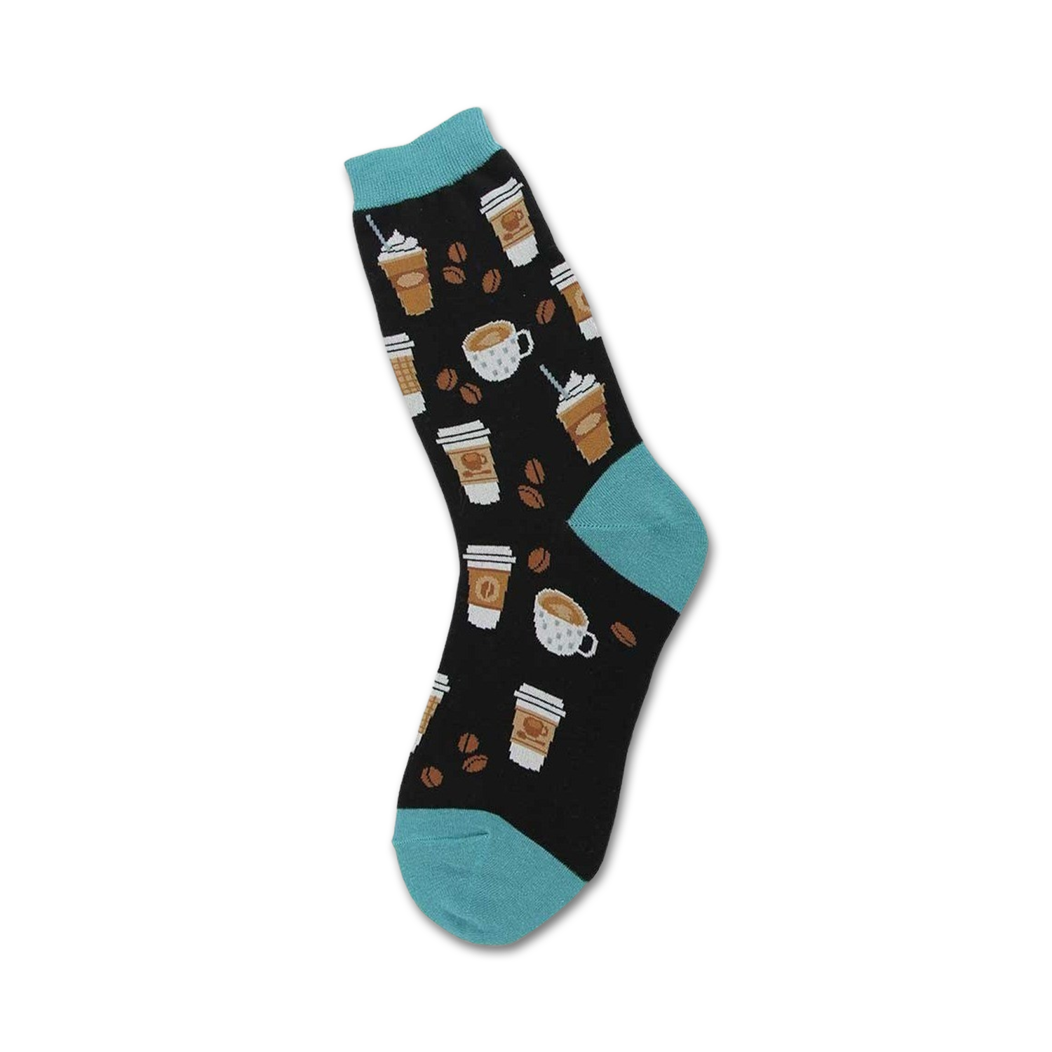 Crew socks with a black background, teal cuffs, and a design of coffee cups and beans.