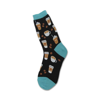 women's blue crew socks featuring a captivating pattern of white coffee cups with brown liquid and brown coffee beans on a black background.  