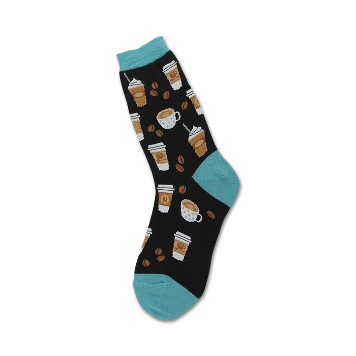 women's blue crew socks featuring a captivating pattern of white coffee cups with brown liquid and brown coffee beans on a black background.   }}