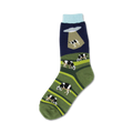 Crew socks in green, navy, and light blue. Design features black and white cows in a field and a UFO above them.