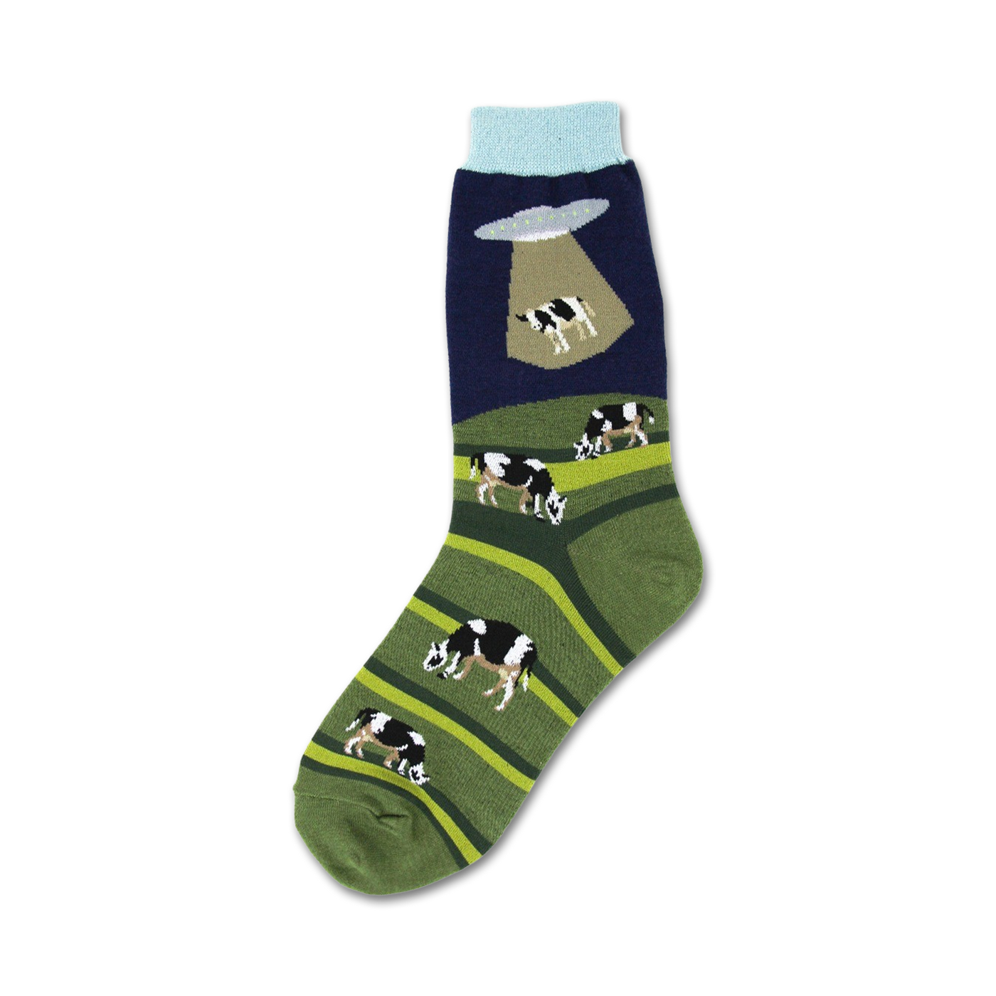 Crew socks in green, navy, and light blue. Design features black and white cows in a field and a UFO above them.