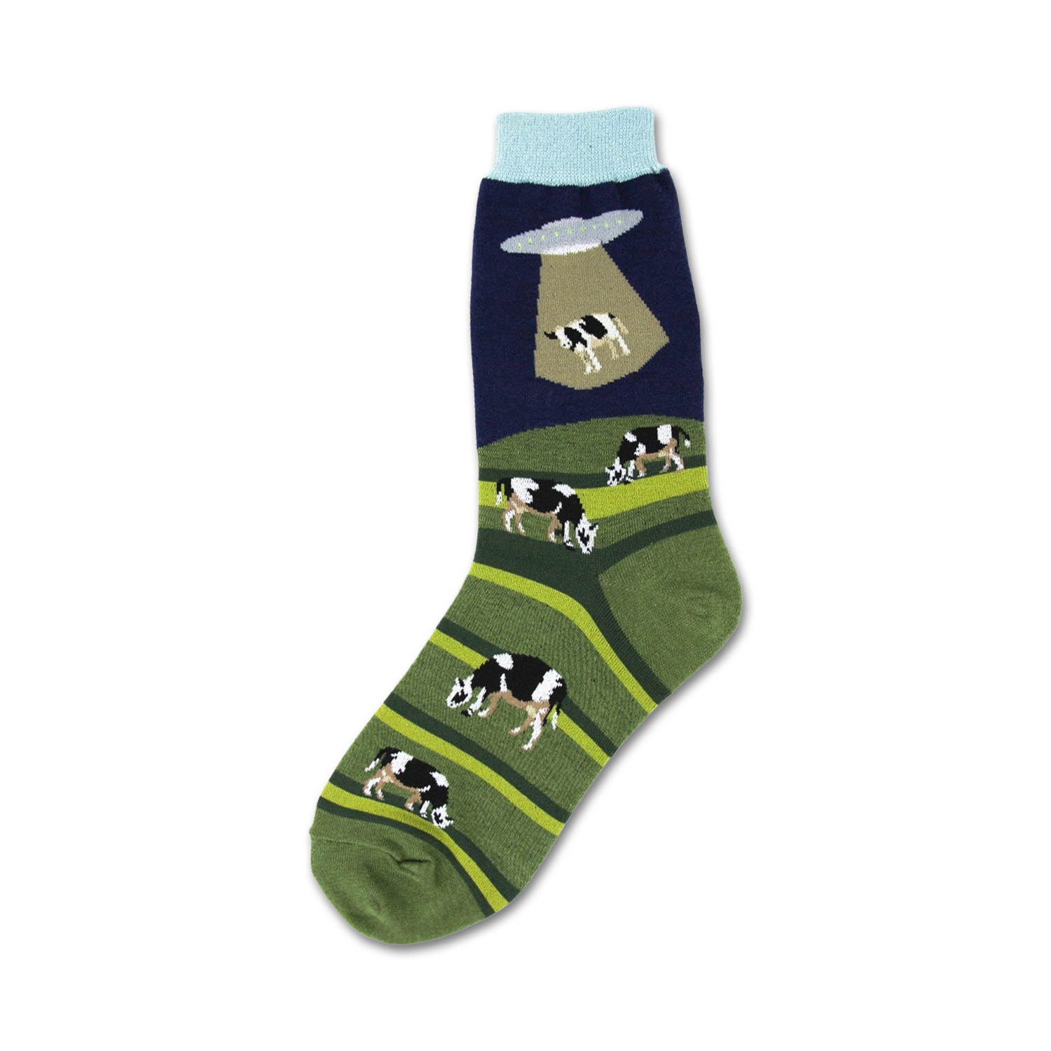 Crew socks in green, navy, and light blue. Design features black and white cows in a field and a UFO above them.