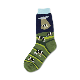 calf-length cotton socks with dark blue background, green grass field, spaceship abducting a cow. crew length womens socks.   