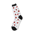 White crew socks with red ladybug and black polka dot design. Black heel and toe.