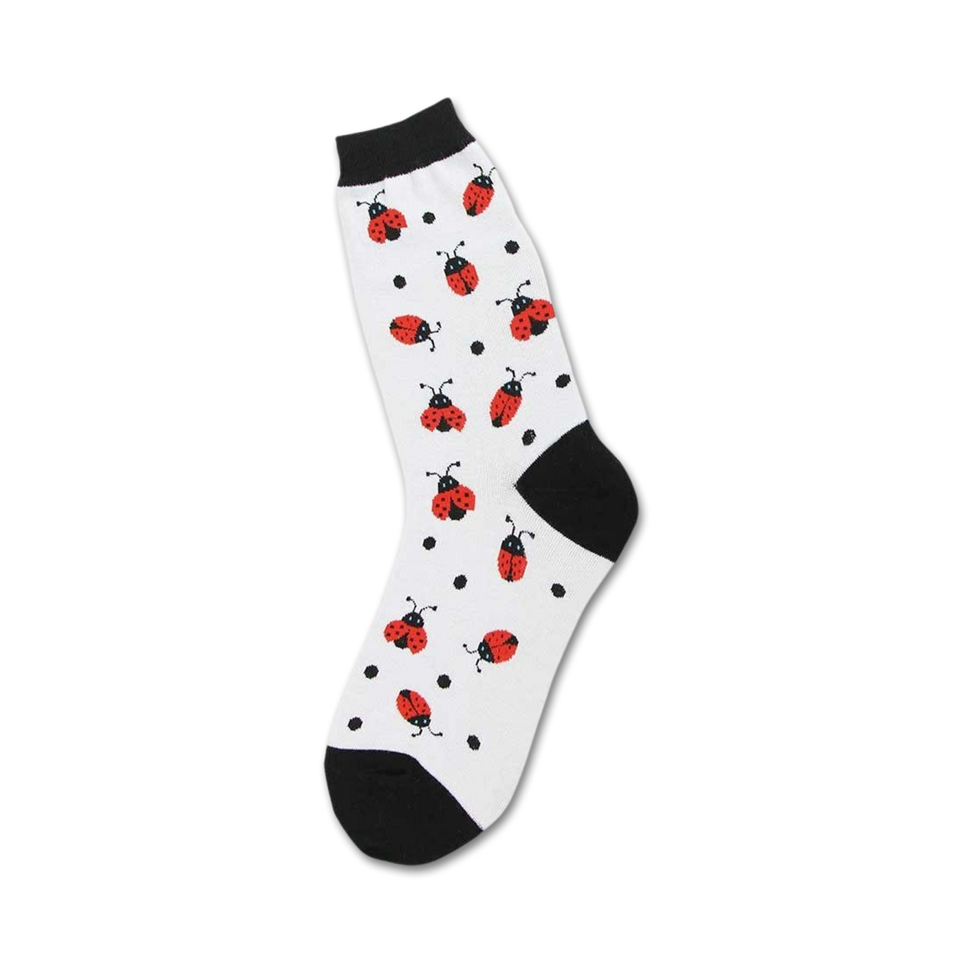 White crew socks with red ladybug and black polka dot design. Black heel and toe.