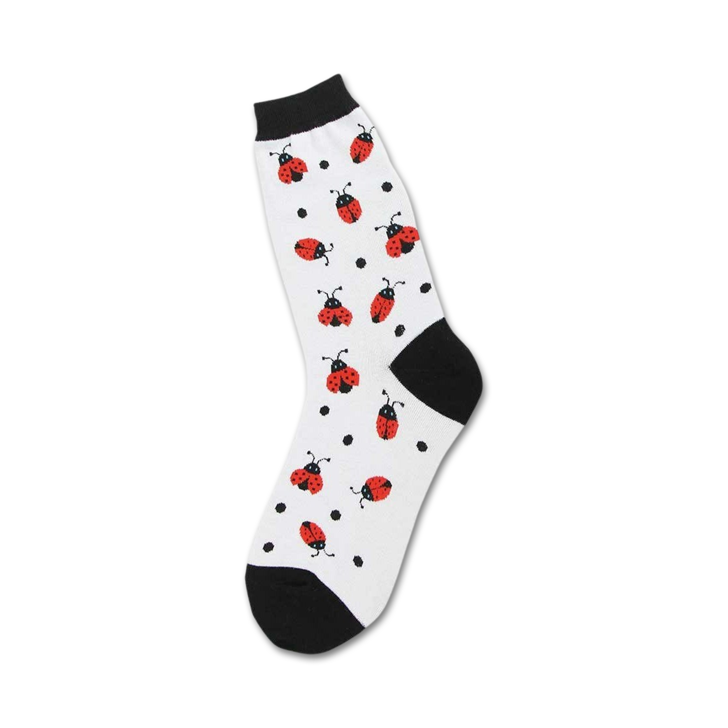 White crew socks with red ladybug and black polka dot design. Black heel and toe.