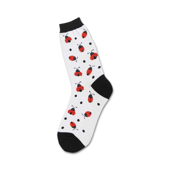  white crew length women's socks with a pattern of red ladybugs with black spots.   