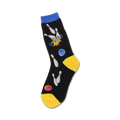Black crew socks with a bowling theme.  Features gray bowling pins, a blue and red bowling ball, and a 'Strike!' graphic. Yellow accents at the heel and toe.